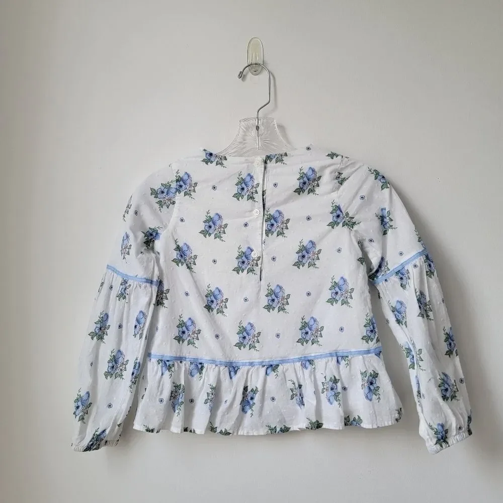 JANIE AND JACK Girls Peplum Top White Navy Floral Puff Sleeves Ruffles Size 7